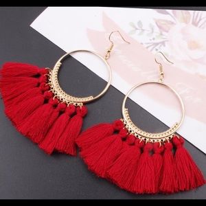 Red Bohemian Dangle Fringe Cotton Tassel Earrings
